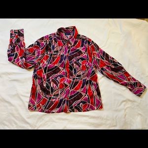 Vintage Karen Scott Sheer Red, Black, Purple Leaf Pattern Blouse, sz large